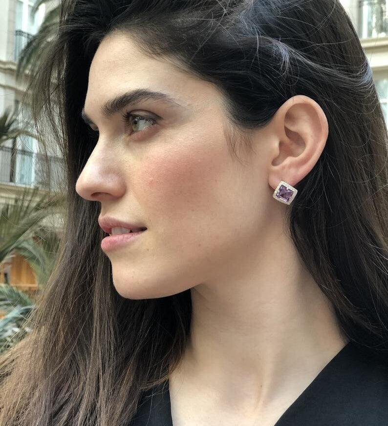 Tanzanite Earrings, Created Tanzanite, Square Earrings, Blue Stud Earrings, Antique Studs, Princess Cut Earrings, Sterling Silver Earrings