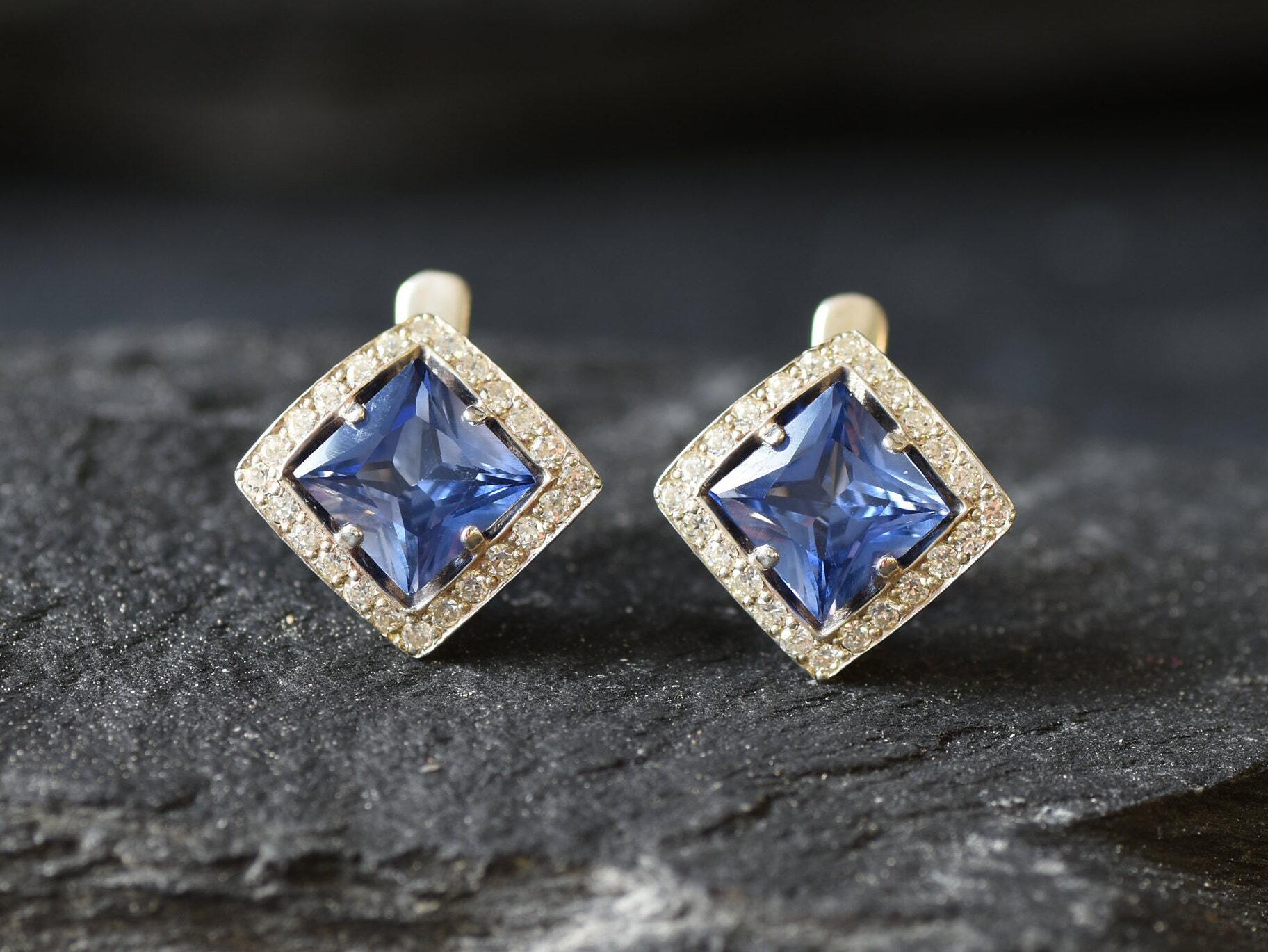 Tanzanite Earrings, Created Tanzanite, Square Earrings, Blue Stud Earrings, Antique Studs, Princess Cut Earrings, Sterling Silver Earrings