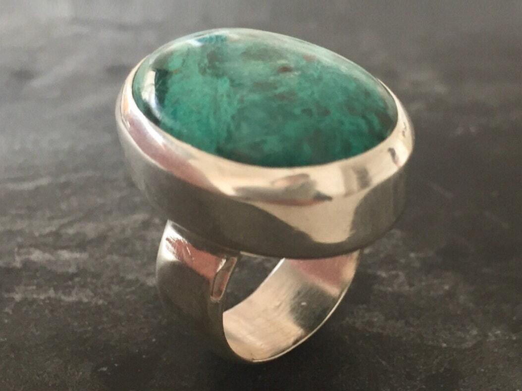 Chrysocolla Ring, Statement Ring, Sagittarius Birthstone, Chrysocolla, Huge Ring, Large Stone Ring, Solid Silver Ring, Pure Silver, Blue Gem