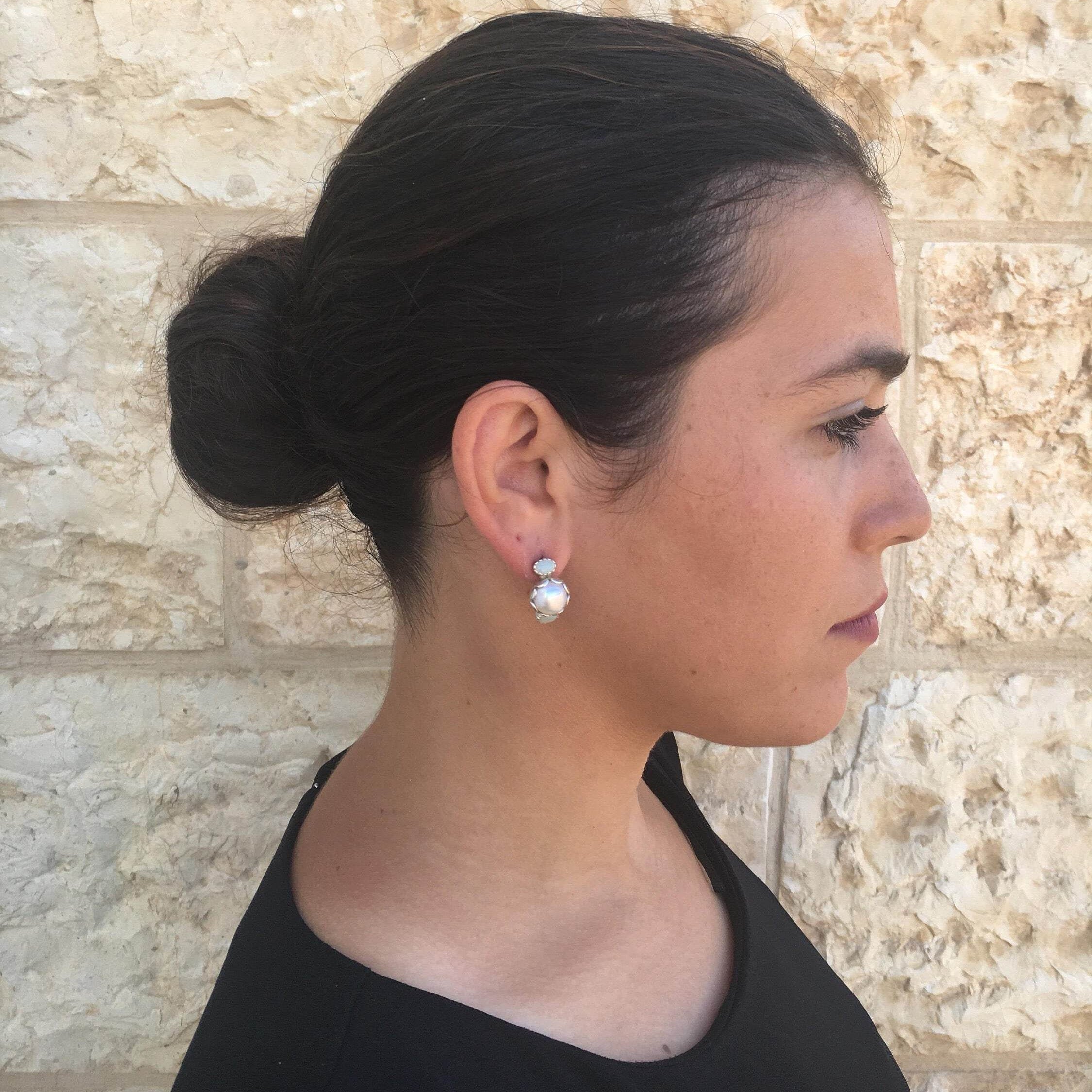 White Pearl Earrings, Natural Pearl, Vintage Earrings, Bridal Studs, Antique Earrings, June Birthstone, 925 Silver Earrings, Natural Opal