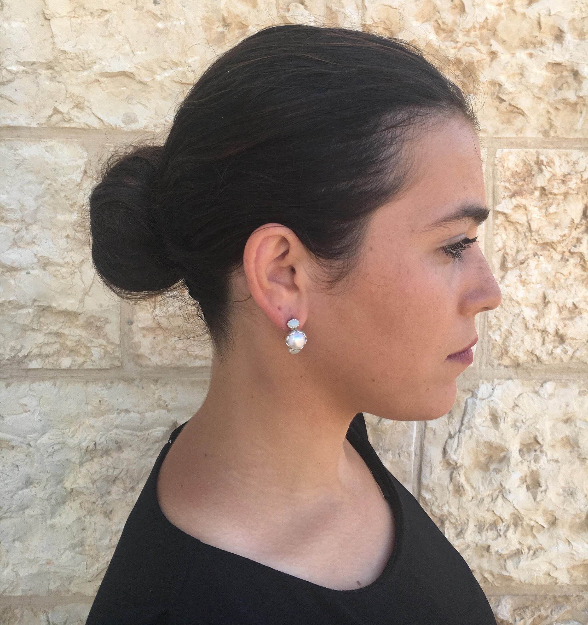 White Pearl Earrings, Natural Pearl, Vintage Earrings, Bridal Studs, Antique Earrings, June Birthstone, 925 Silver Earrings, Natural Opal