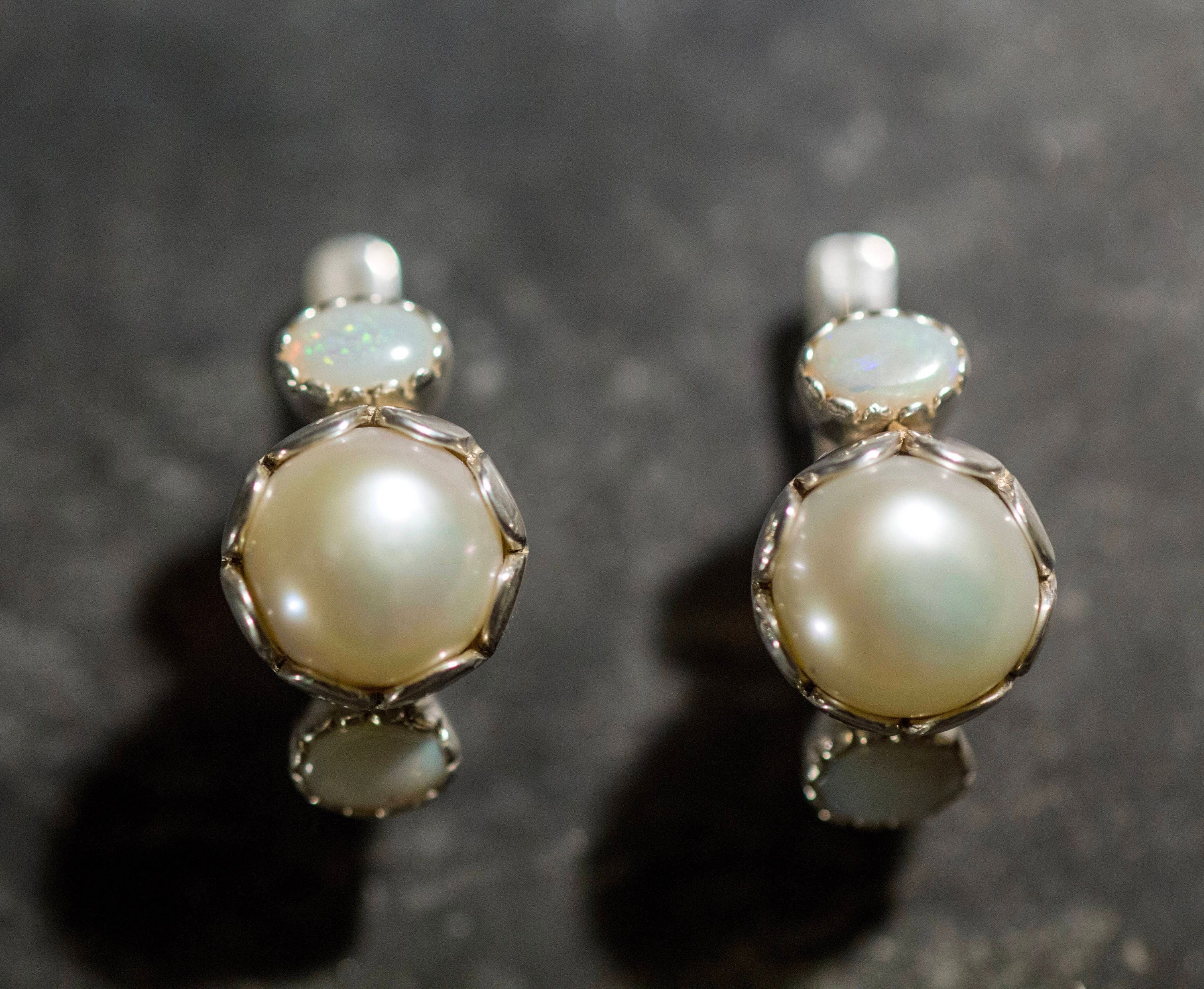 White Pearl Earrings, Natural Pearl, Vintage Earrings, Bridal Studs, Antique Earrings, June Birthstone, 925 Silver Earrings, Natural Opal