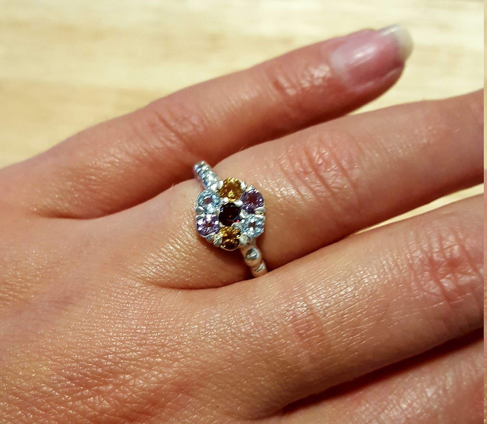 Multistone Ring, Topaz Ring, Garnet, Blue Topaz, Amethyst, Citrine, Flower Ring, Birthstone Ring, Flower Design, Unique Ring, Silver Ring