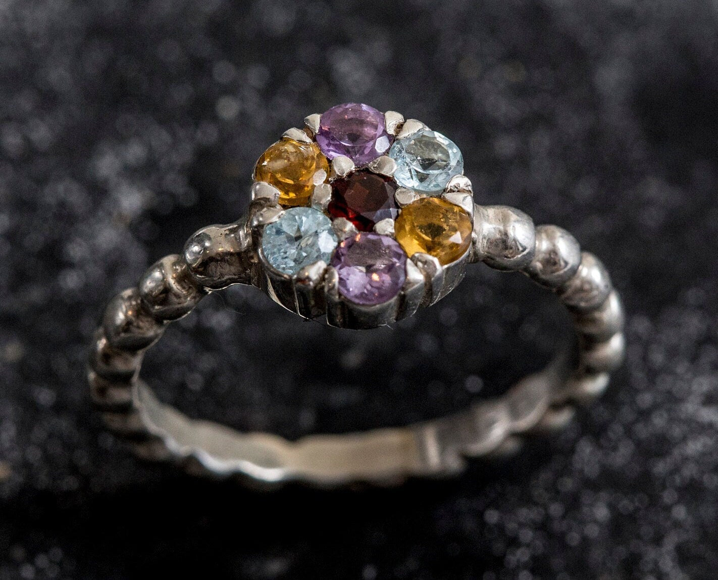 Multistone Ring, Topaz Ring, Garnet, Blue Topaz, Amethyst, Citrine, Flower Ring, Birthstone Ring, Flower Design, Unique Ring, Silver Ring
