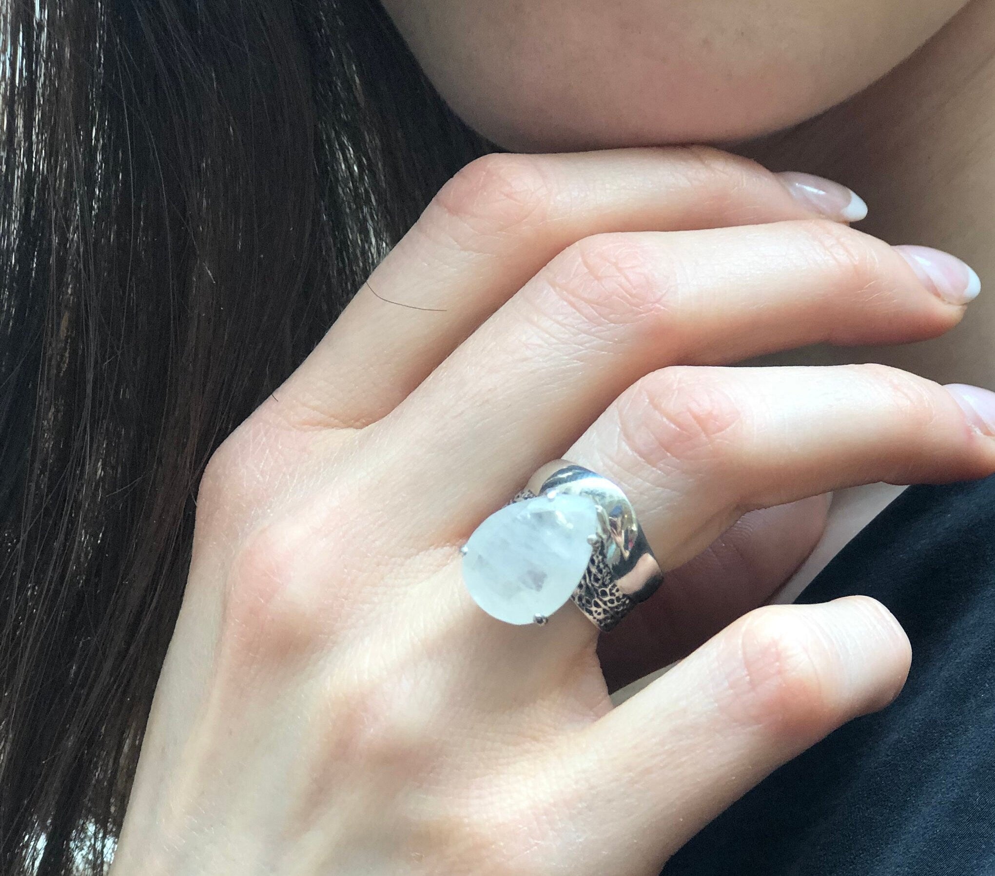 Moonstone Ring, Natural Moonstone, Teardrop Ring, June Birthstone, Rainbow Moonstone, White Vintage Ring, Statement Ring, Solid Silver Ring