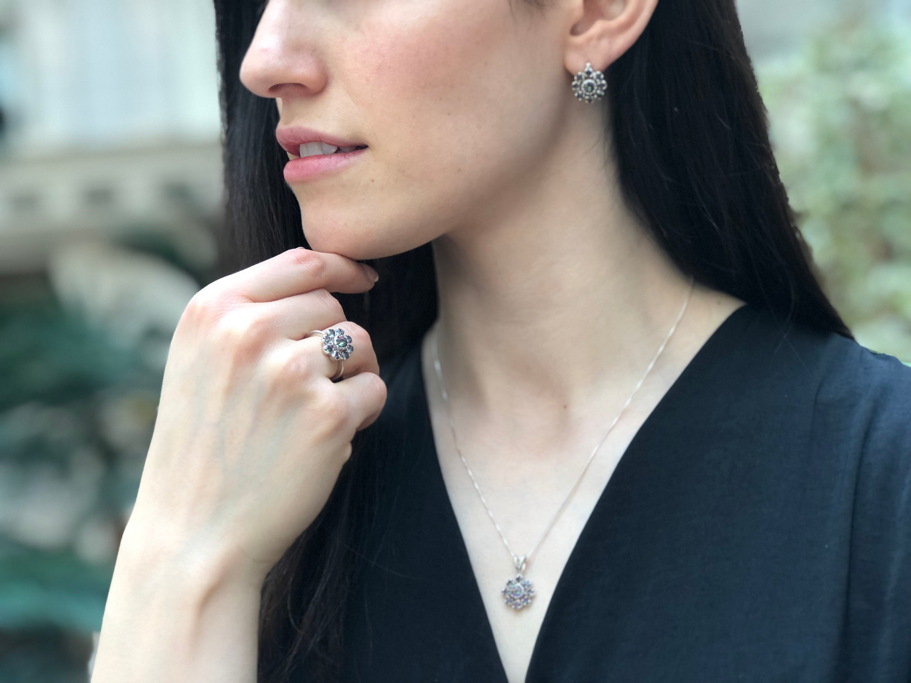 Mystic Topaz Earrings, Natural Mystic Topaz, December Birthstone, Flower Earrings, Vintage Earrings, Purple Earrings, 925 Silver Earrings