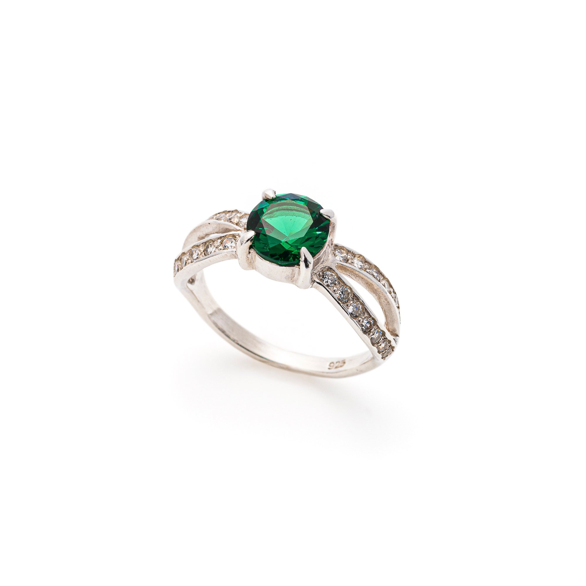 Created Emerald Ring made in 925 Sterling Silver with Round Created Green Emerald in Solitaire with Accents setting, May Birthstone gift idea, symbolizes, ideal for everyday wear and perfect for birthday gifting and special occasions.