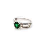 Round Emerald Ring - Green Vintage Ring - Split Pave Band