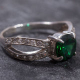 Round Emerald Ring - Green Vintage Ring - Split Pave Band