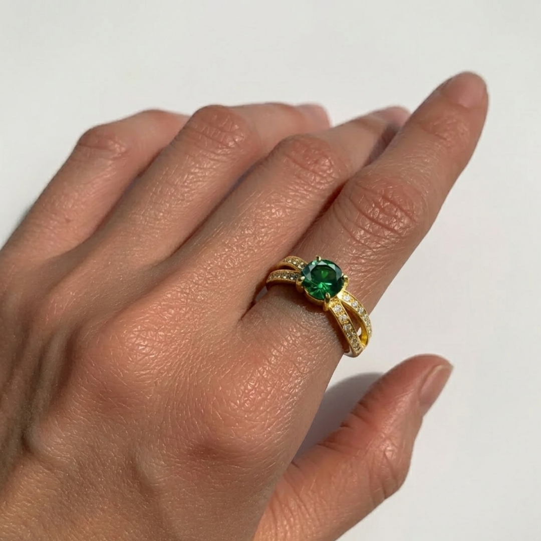 18k Gold Vermeil Emerald Ring featuring a Round Created Green Emerald, perfect for birthdays and special occasions.