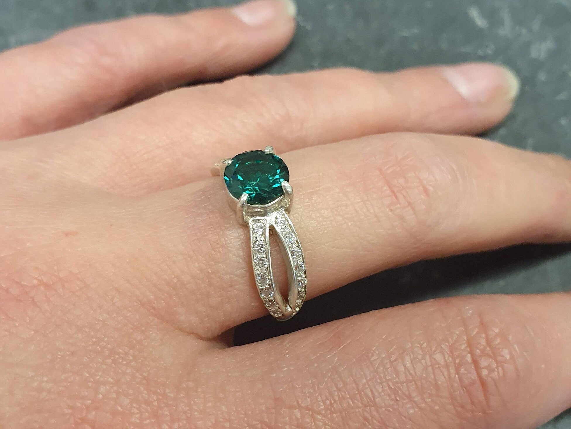 18k Gold Vermeil Emerald Ring featuring a Round Created Green Emerald, perfect for birthdays and special occasions.