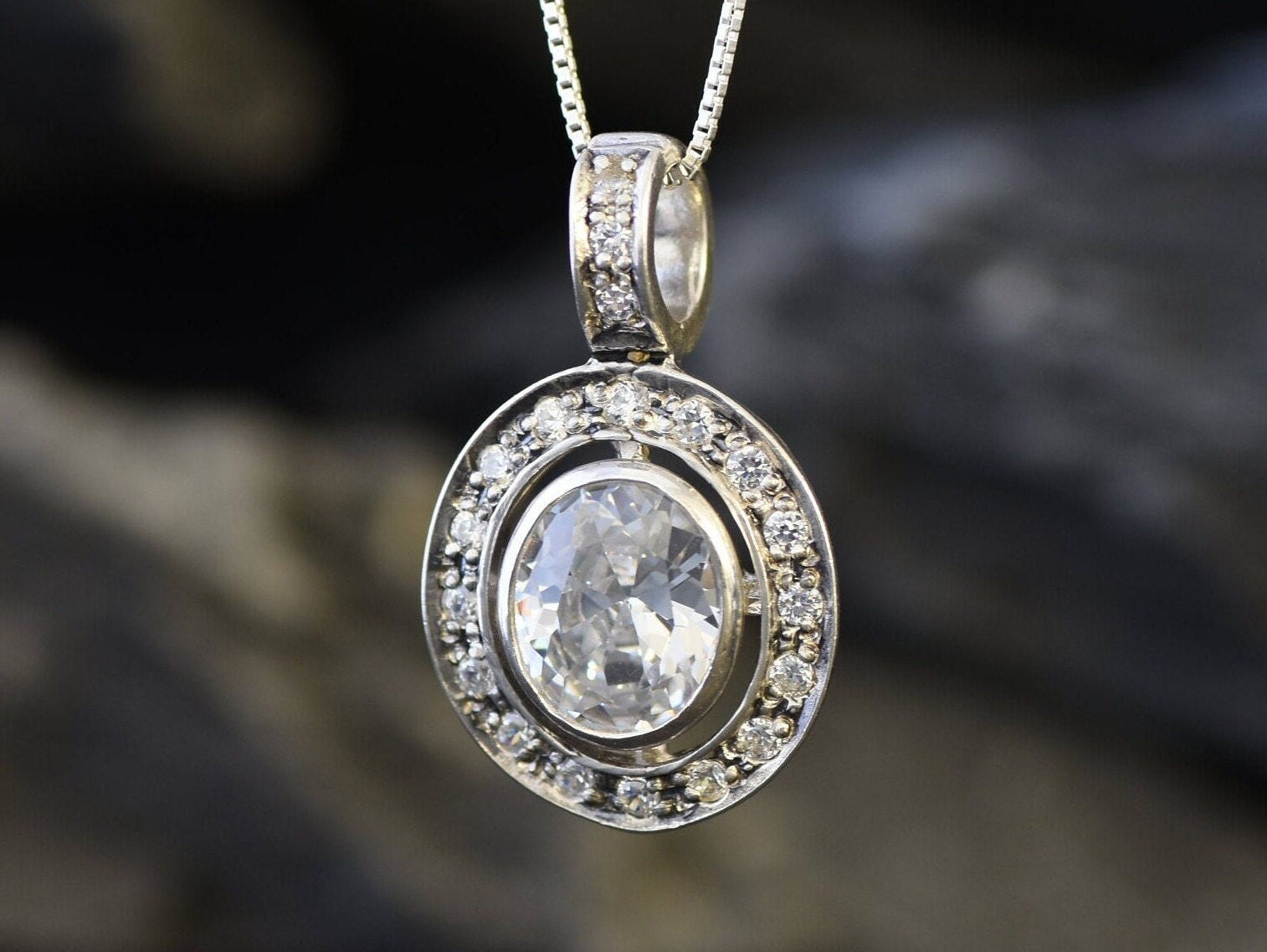 Diamond Pendant, Oval Diamond Necklace, Vintage Pendant, Bridal Necklace, Cubic Zirconia Pendant, Solid Silver Pendant, Created Diamond