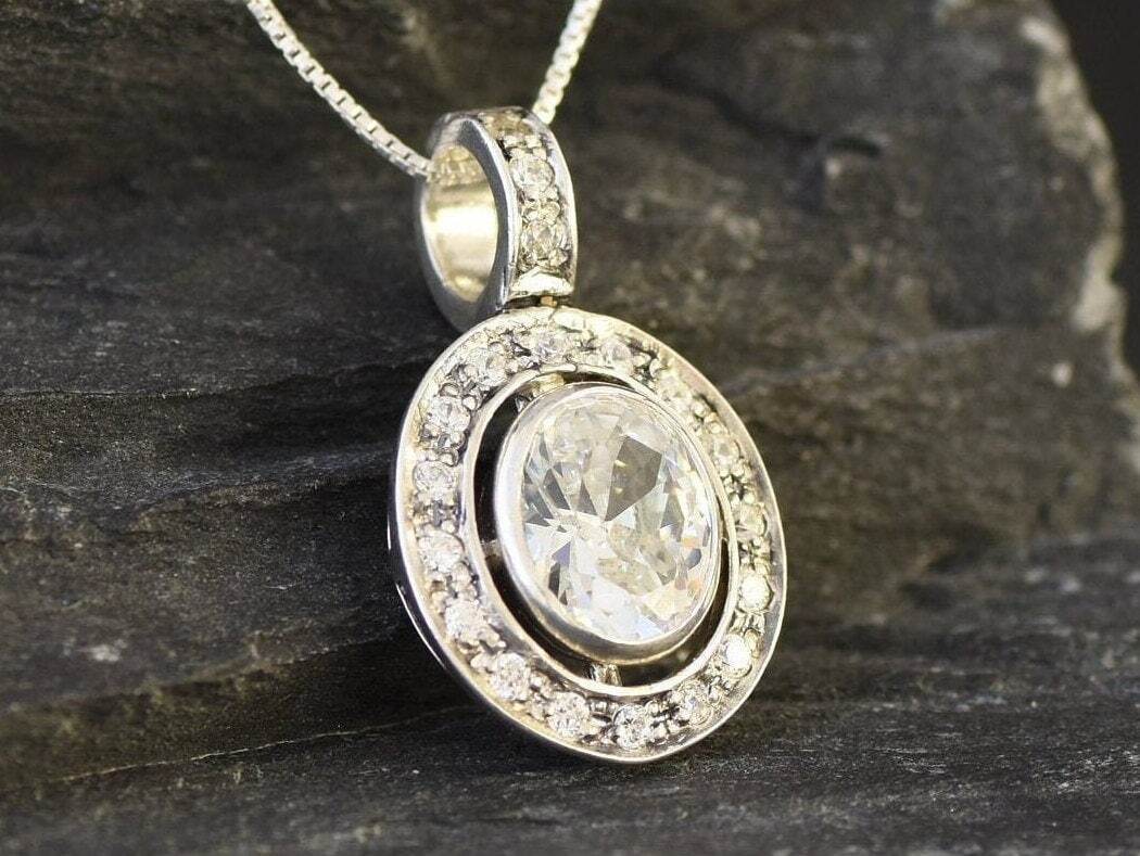 Diamond Pendant, Oval Diamond Necklace, Vintage Pendant, Bridal Necklace, Cubic Zirconia Pendant, Solid Silver Pendant, Created Diamond