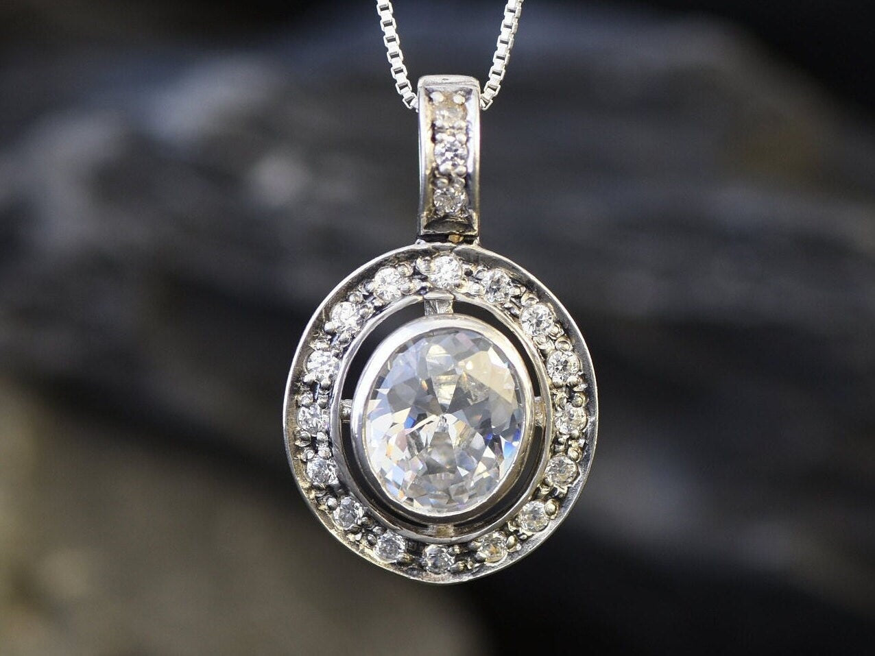 Diamond Pendant, Oval Diamond Necklace, Vintage Pendant, Bridal Necklace, Cubic Zirconia Pendant, Solid Silver Pendant, Created Diamond