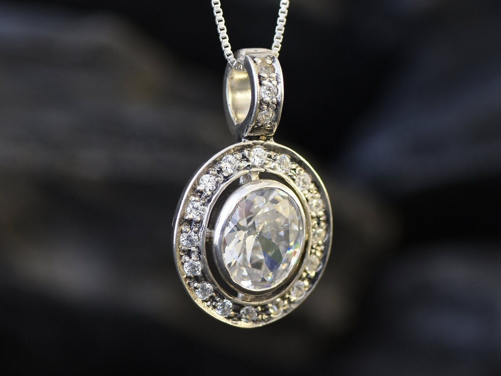 Diamond Pendant, Oval Diamond Necklace, Vintage Pendant, Bridal Necklace, Cubic Zirconia Pendant, Solid Silver Pendant, Created Diamond