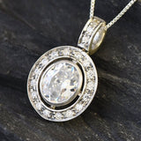 Diamond Pendant, Oval Diamond Necklace, Vintage Pendant, Bridal Necklace, Cubic Zirconia Pendant, Solid Silver Pendant, Created Diamond