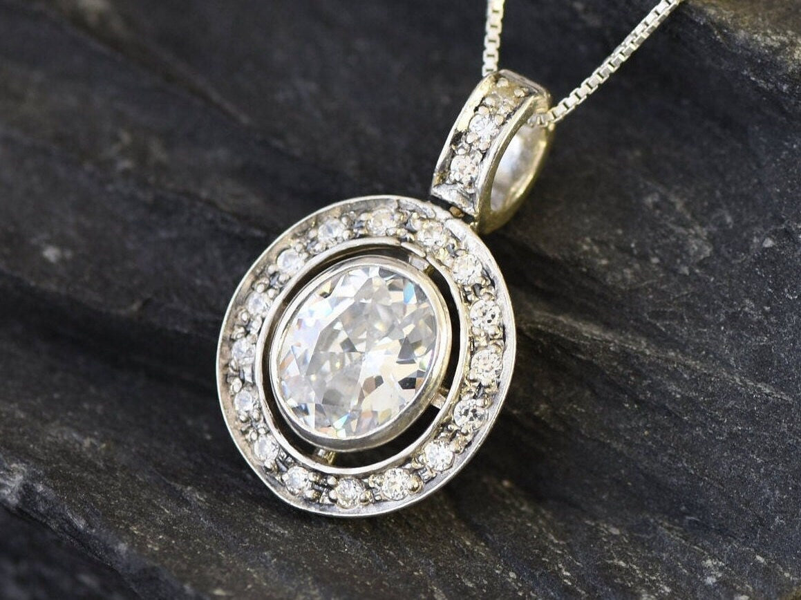 Diamond Pendant, Oval Diamond Necklace, Vintage Pendant, Bridal Necklace, Cubic Zirconia Pendant, Solid Silver Pendant, Created Diamond