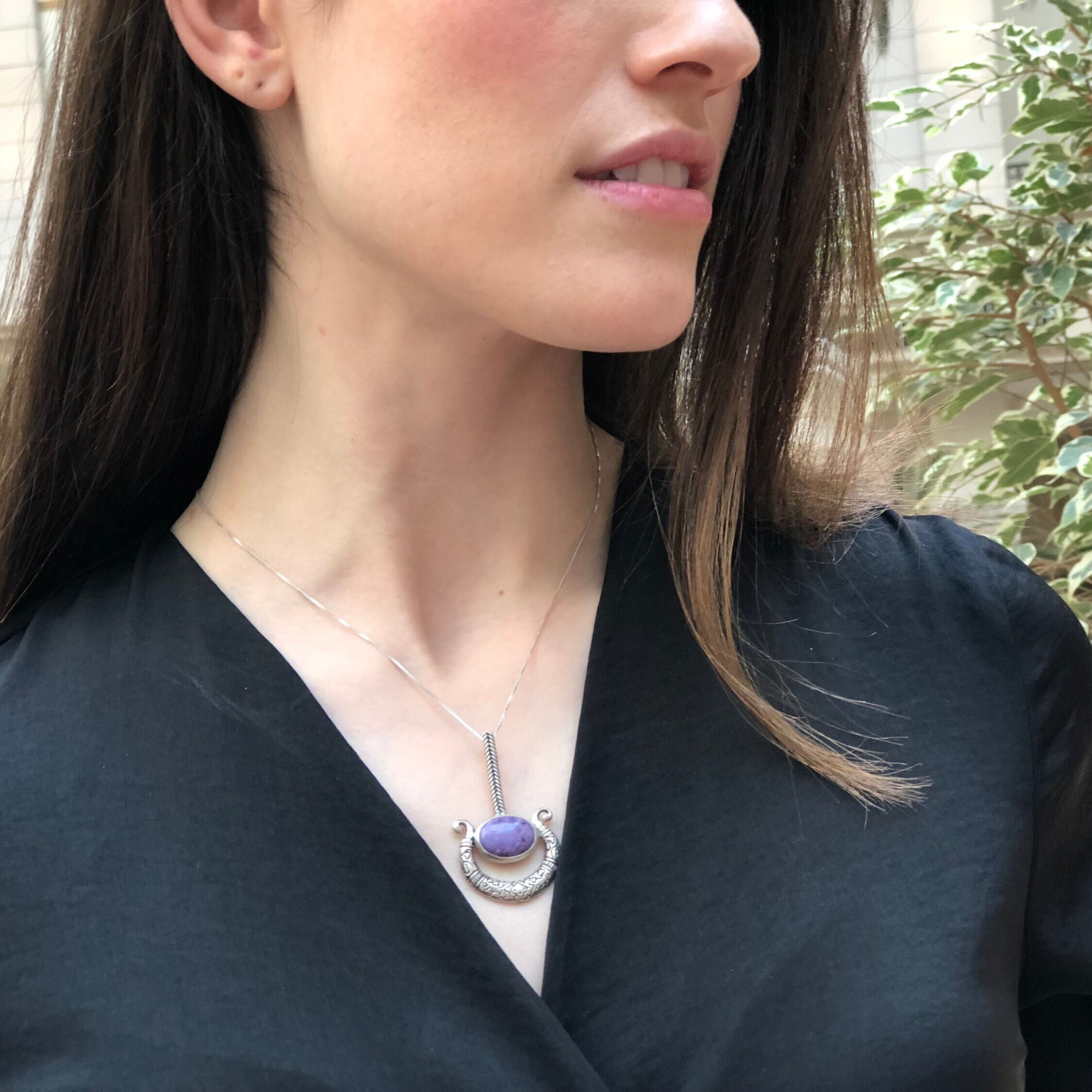 Charoite Pendant, Natural Charoite, Purple Pendant, Vintage Pendants, Gemini Birthstone, Artistic Pendant, Solid Silver Pendant, Charoite