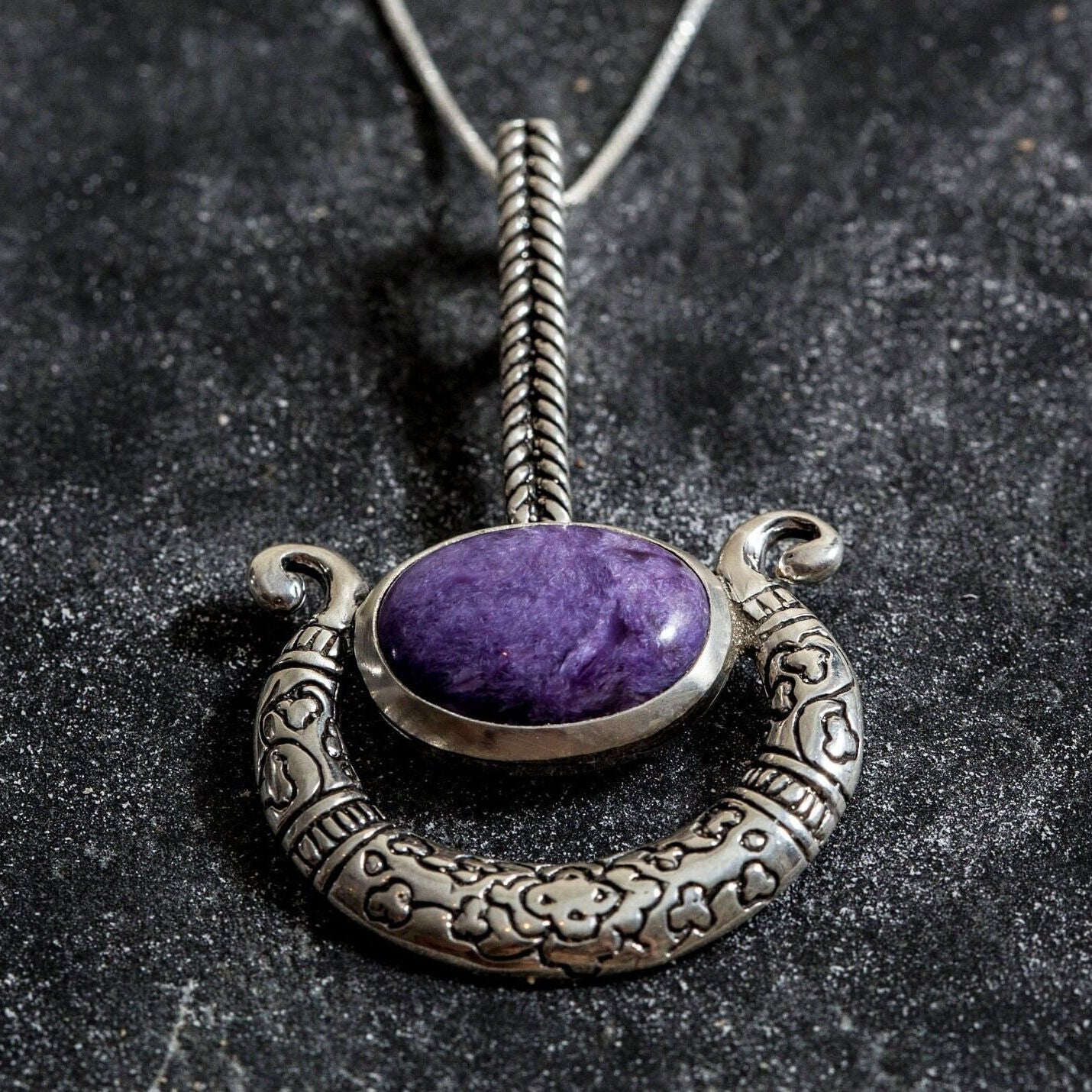 Charoite Pendant, Natural Charoite, Purple Pendant, Vintage Pendants, Gemini Birthstone, Artistic Pendant, Solid Silver Pendant, Charoite