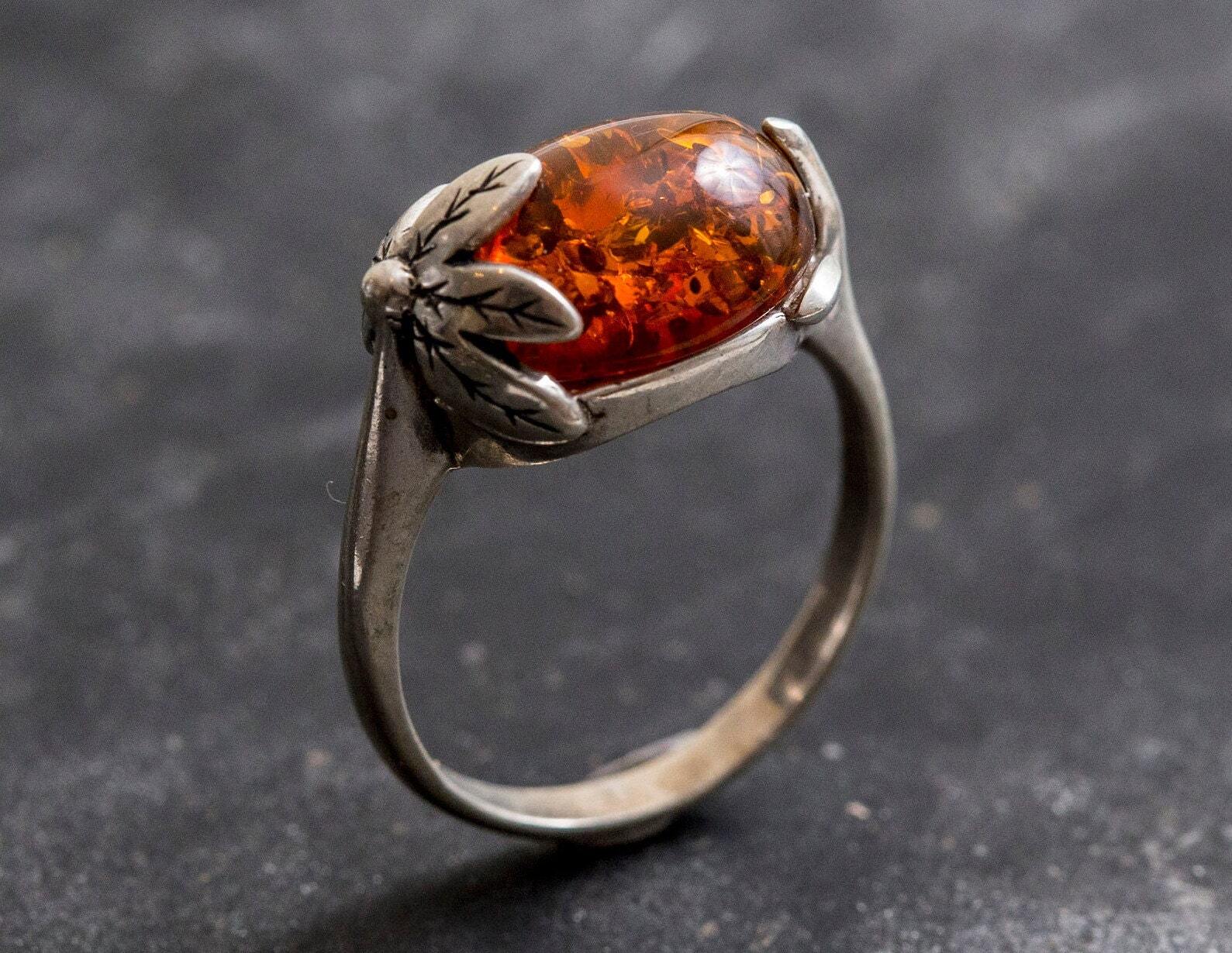 Amber Leaf Ring, Natural Amber, Genuine Amber, Taurus Birthstone, Leaf Ring, Brown Amber, Vintage Rings, Flower Ring, Solid Silver, Amber