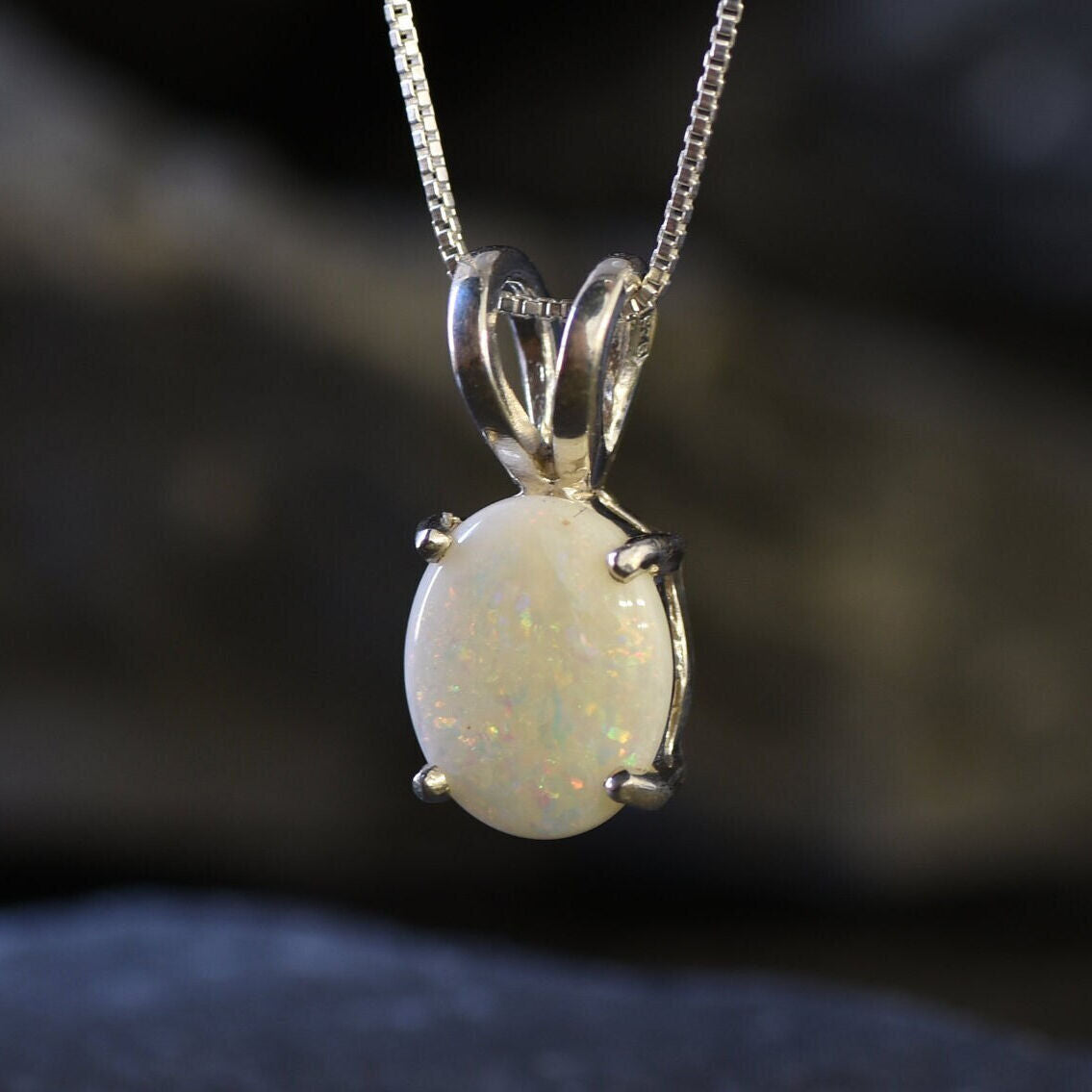 Silver Opal Necklace - Bridal Necklace - Oval Opal Pendant