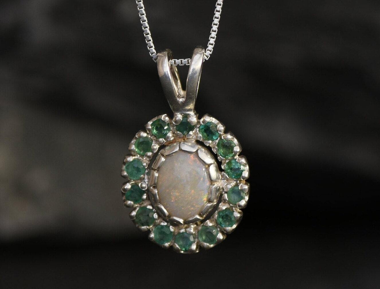 Victorian Opal Pendant, Natural Precious Opal, Emerald Necklace, October Birthstone, May Birthstone, Dainty Vintage Pendant, Silver Pendant