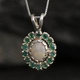 Victorian Opal Pendant, Natural Precious Opal, Emerald Necklace, October Birthstone, May Birthstone, Dainty Vintage Pendant, Silver Pendant