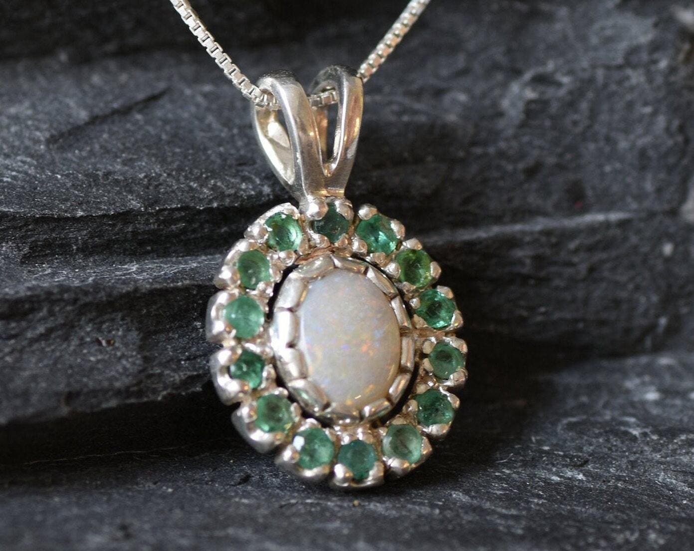 Victorian Opal Pendant, Natural Precious Opal, Emerald Necklace, October Birthstone, May Birthstone, Dainty Vintage Pendant, Silver Pendant