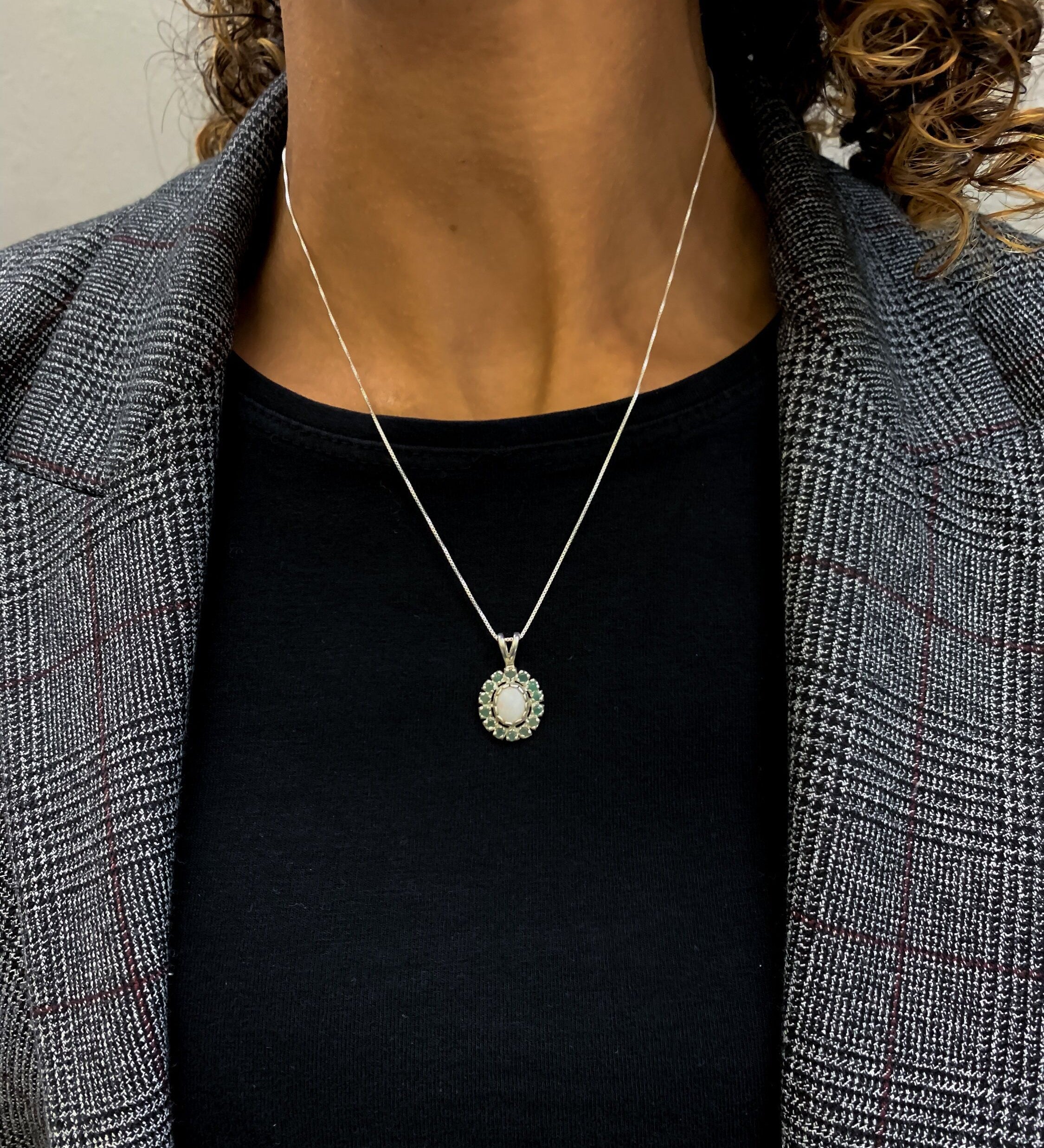 Victorian Opal Pendant, Natural Precious Opal, Emerald Necklace, October Birthstone, May Birthstone, Dainty Vintage Pendant, Silver Pendant
