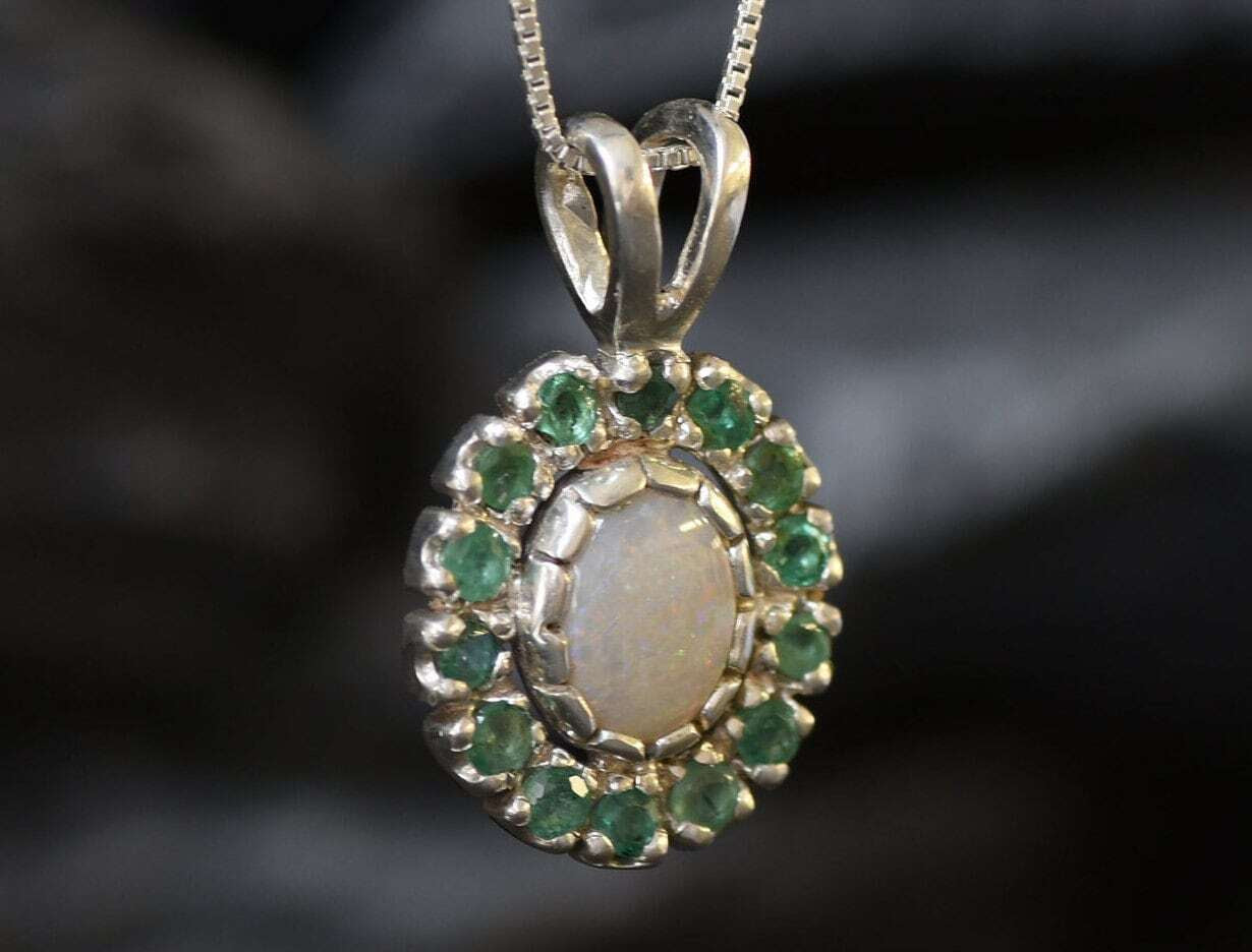 Victorian Opal Pendant, Natural Precious Opal, Emerald Necklace, October Birthstone, May Birthstone, Dainty Vintage Pendant, Silver Pendant