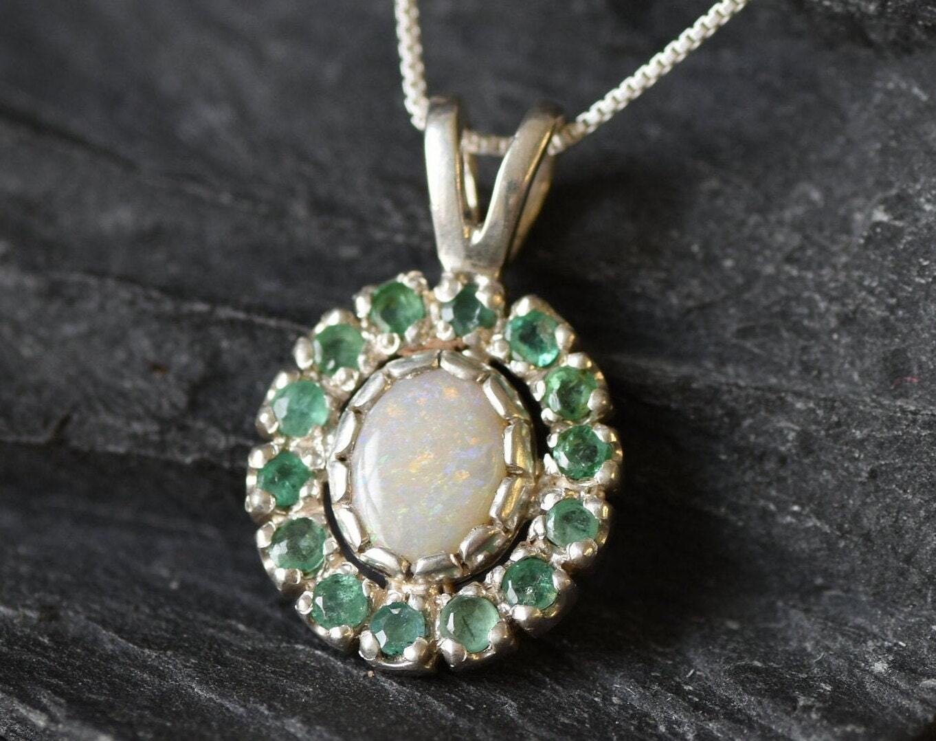 Victorian Opal Pendant, Natural Precious Opal, Emerald Necklace, October Birthstone, May Birthstone, Dainty Vintage Pendant, Silver Pendant