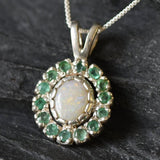 Victorian Opal Pendant, Natural Precious Opal, Emerald Necklace, October Birthstone, May Birthstone, Dainty Vintage Pendant, Silver Pendant