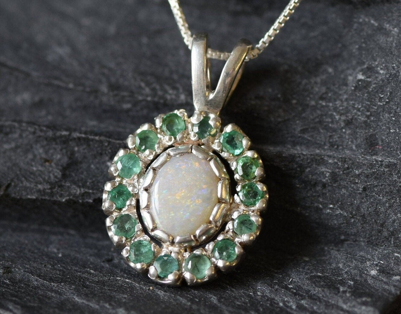 Victorian Opal Pendant, Natural Precious Opal, Emerald Necklace, October Birthstone, May Birthstone, Dainty Vintage Pendant, Silver Pendant