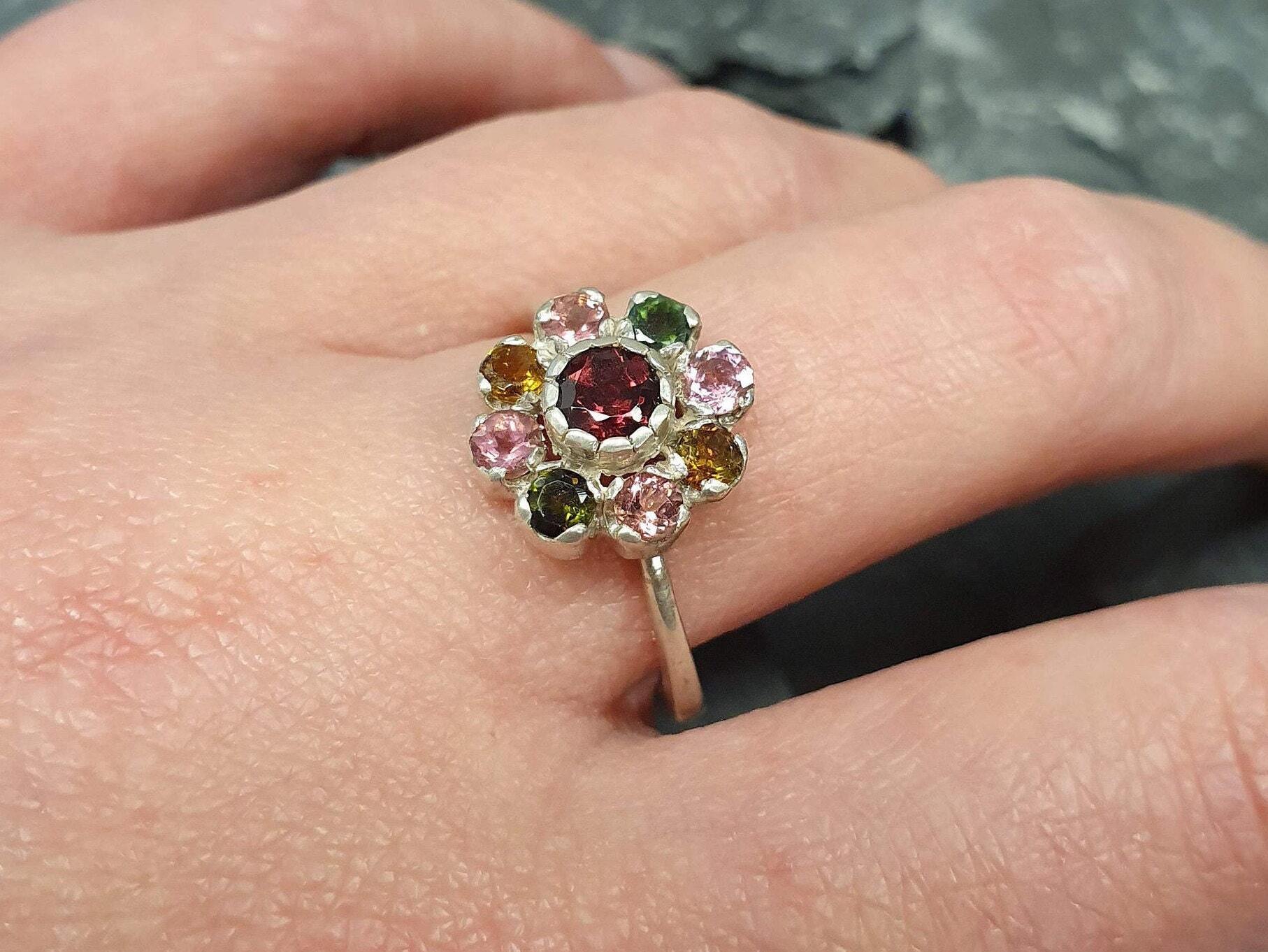 Garnet Ring, Tourmaline Ring, Natural Garnet Ring, Natural Tourmaline, Flower Ring, January Birthstone, Red Ring, Solid Silver Ring, Garnet
