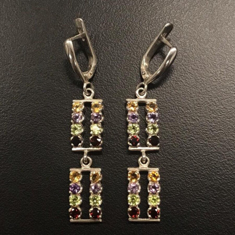 Multistone Earrings, Birthstone Earrings, Long Earrings, Vintage Earrings, 925 Silver Earrings, Garnet, Citrine, Peridot, Amethyst