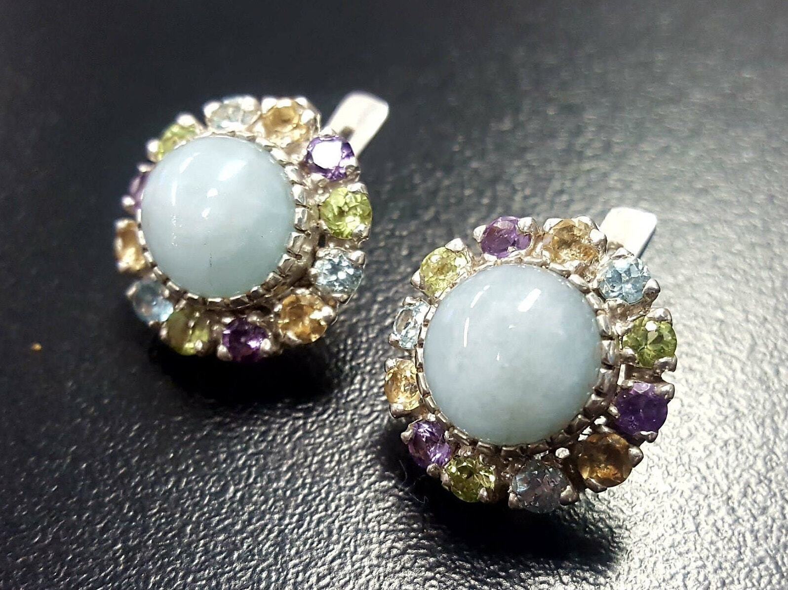 Aquamarine Earrings, Natural Aquamarine, March Earrings, Victorian Earrings, Topaz Earrings, Blue Vintage Earrings, Round Blue Earrings