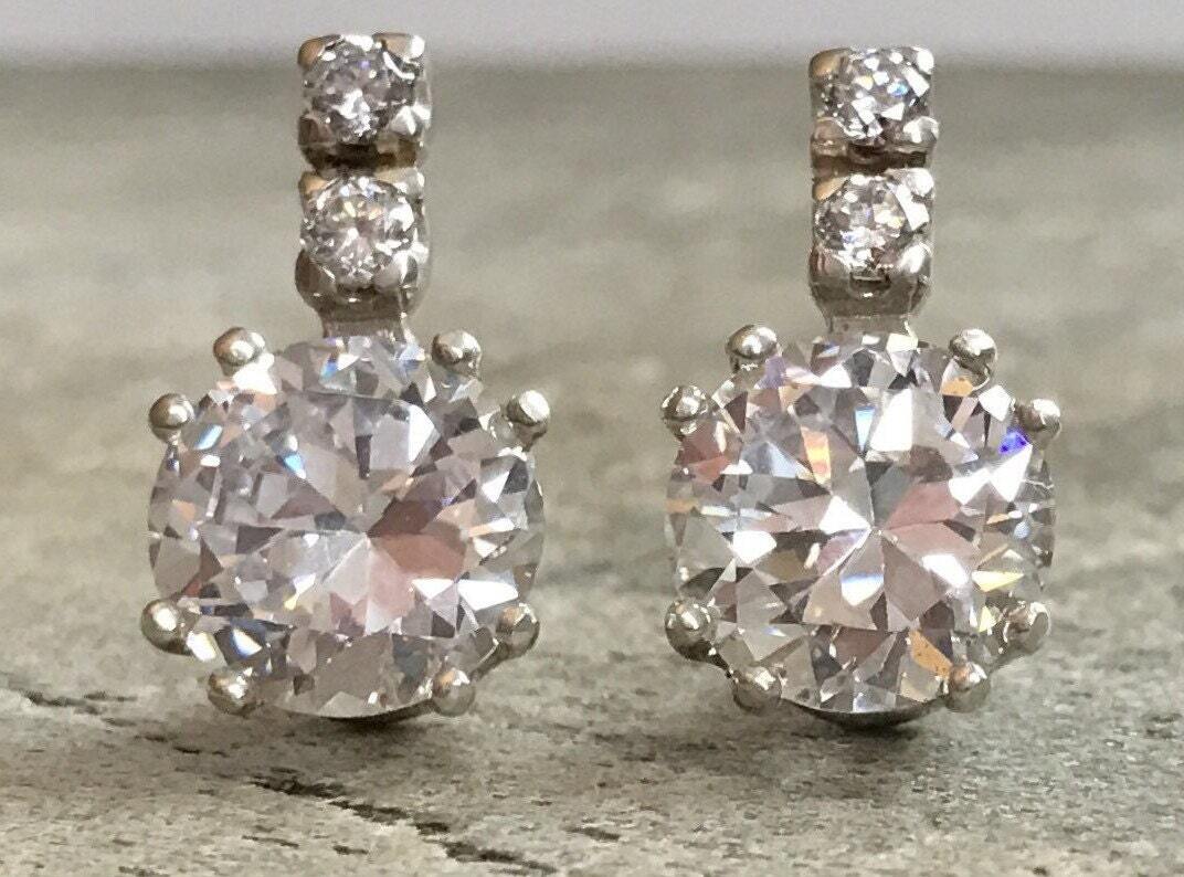 Vintage Earrings, Diamond Earrings, 2 carat Diamond, Created Diamond, Bridal Diamond Earrings, Bridal Earrings, CZ Diamonds, Solid Silver