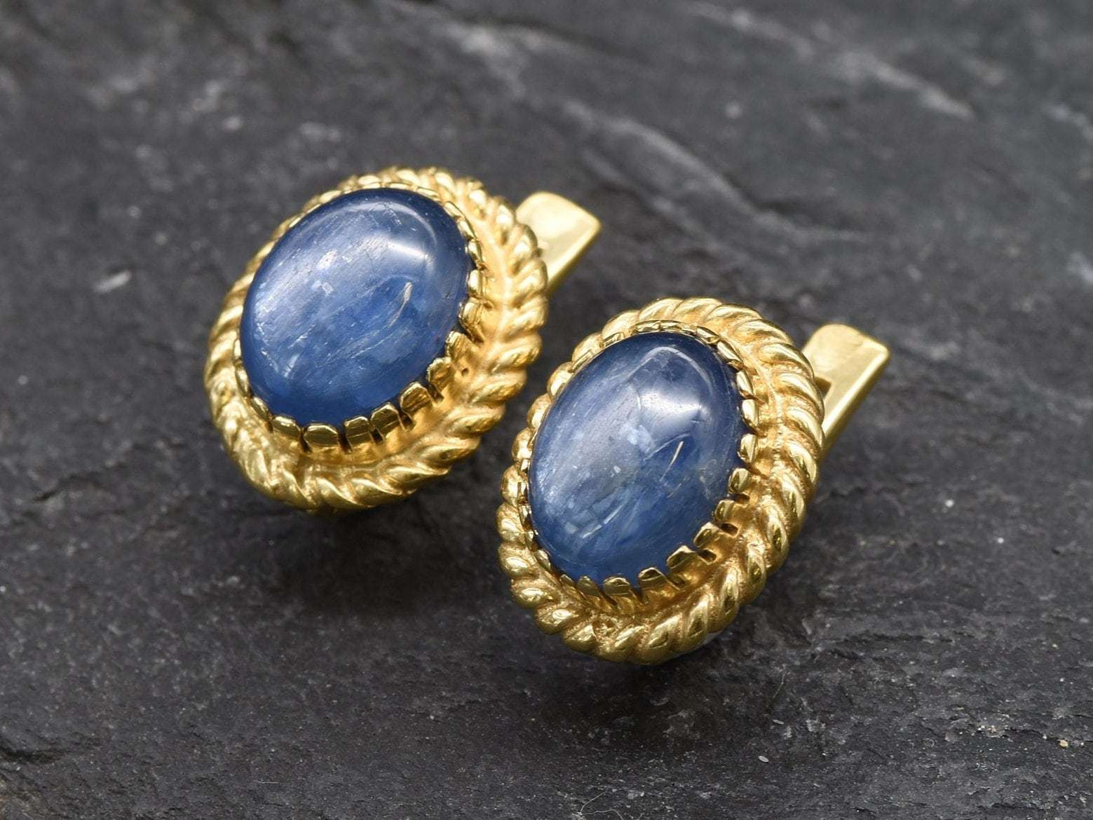 Genuine Kyanite Earrings - Large Blue Studs - Vintage Antique Earrings