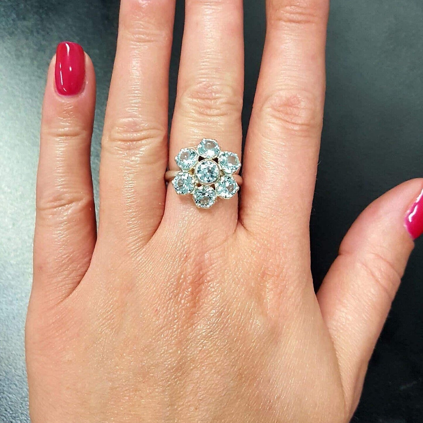 Aquamarine Ring, Created Aquamarine, Silver Flower Ring, Blue Diamond Ring, Vintage Flower Ring, Blue Flower Ring, Blue Ring, Vintage Rings(1)