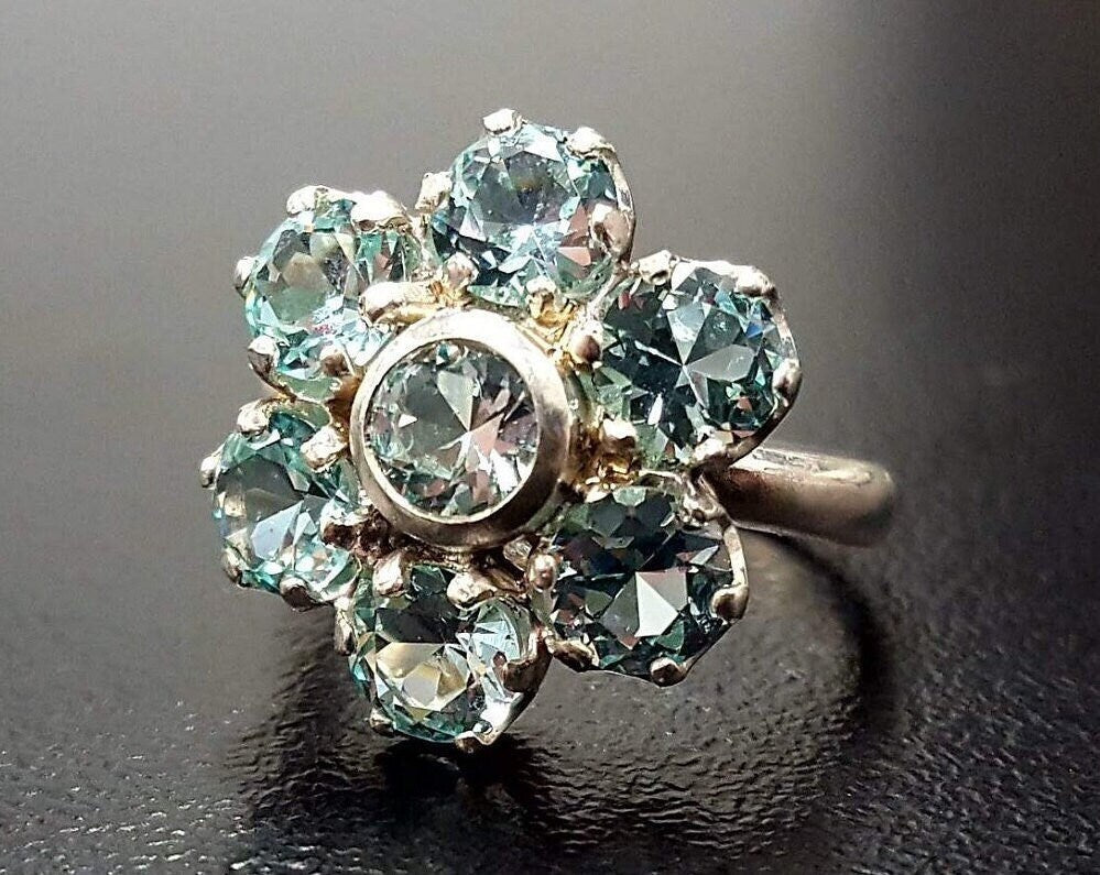 Aquamarine Gold Flower Ring - Daisy Ring, Blue Gemstone Ring, March Birthstone Ring
