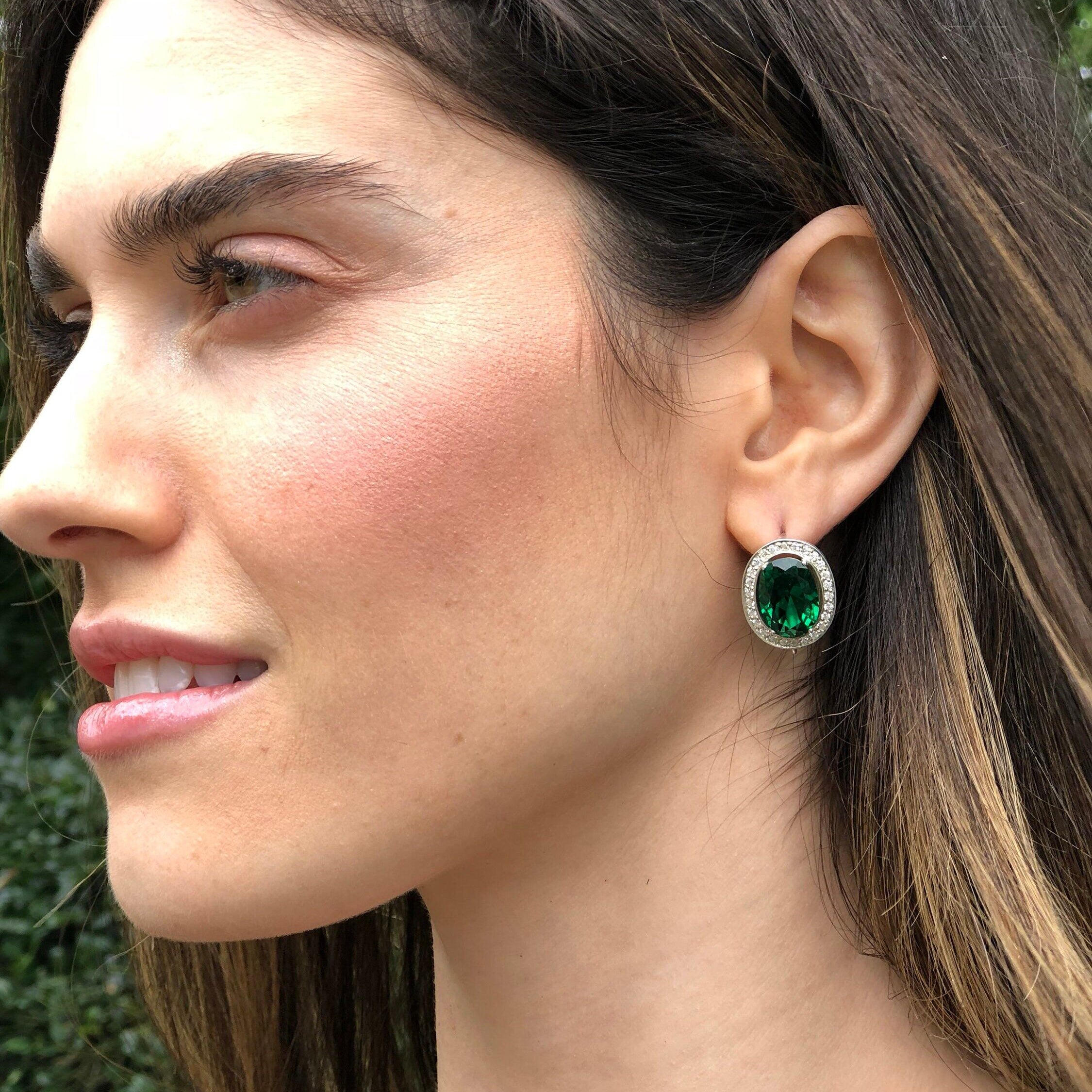 Green Earrings, Green Diamond, Created Diamond, Diamond Earrings ,Vintage Earrings, Antique Earrings, Big Earrings, Silver Earrings, Silver