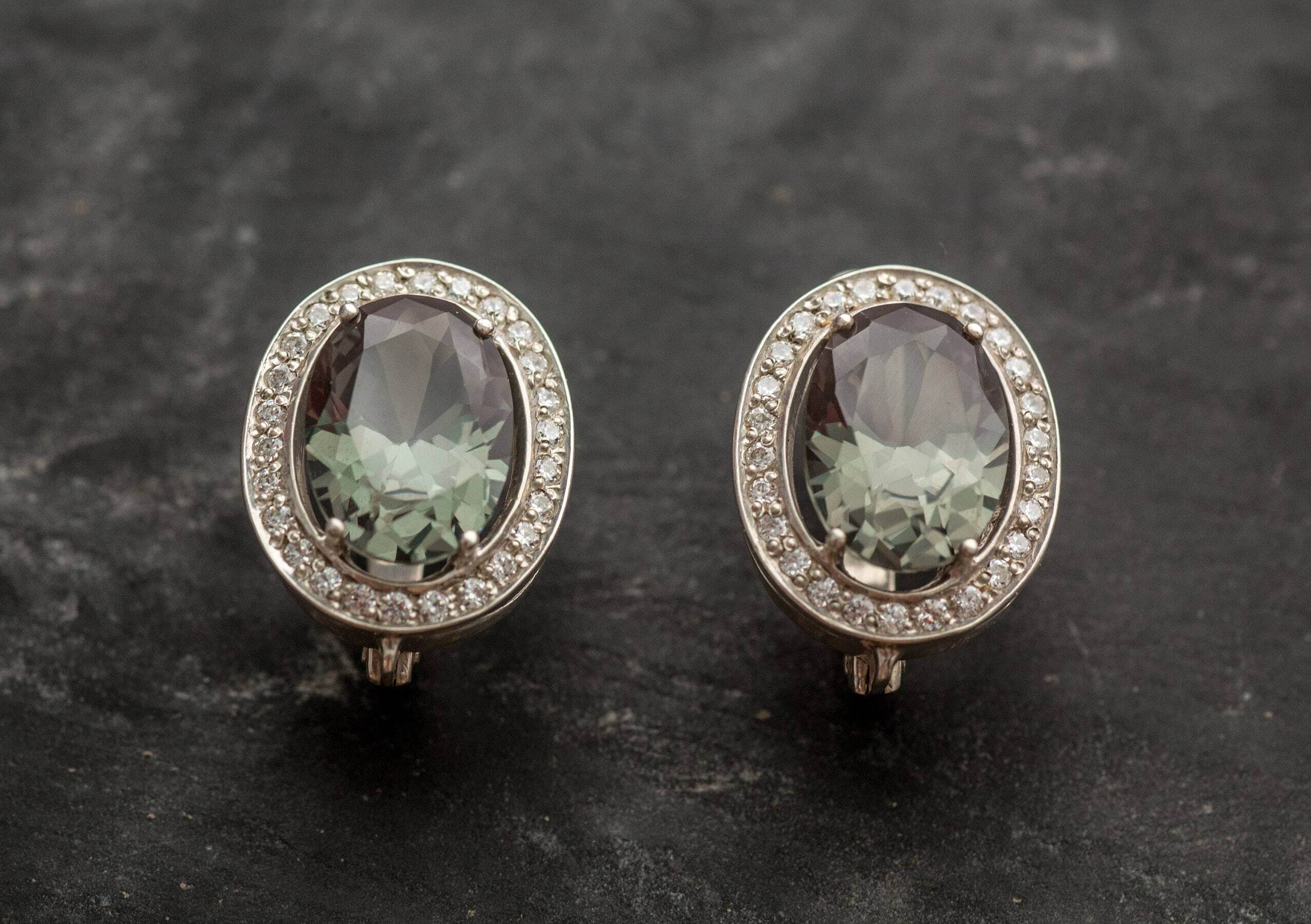 Green Earrings, Green Diamond, Created Diamond, Diamond Earrings ,Vintage Earrings, Antique Earrings, Big Earrings, Silver Earrings, Silver