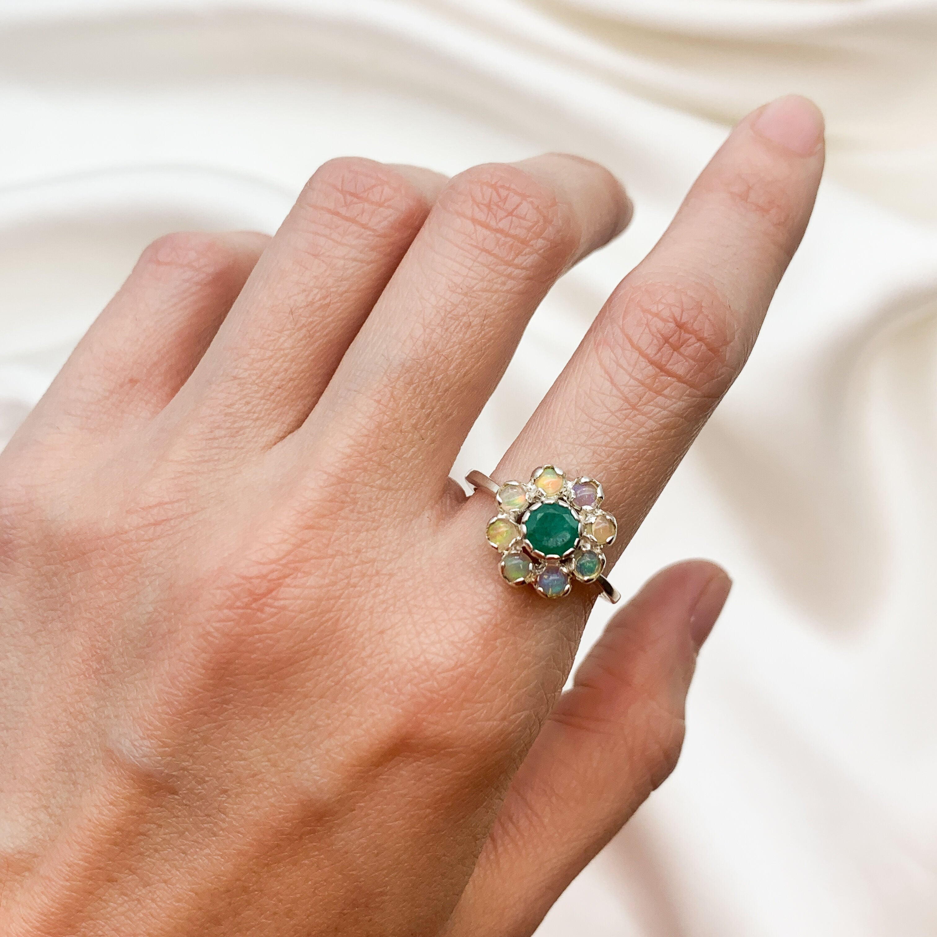 Natural Emerald Cluster Ring in 925 Sterling Silver, May birthstone gift, symbolizes growth and harmony, perfect for everyday wear.