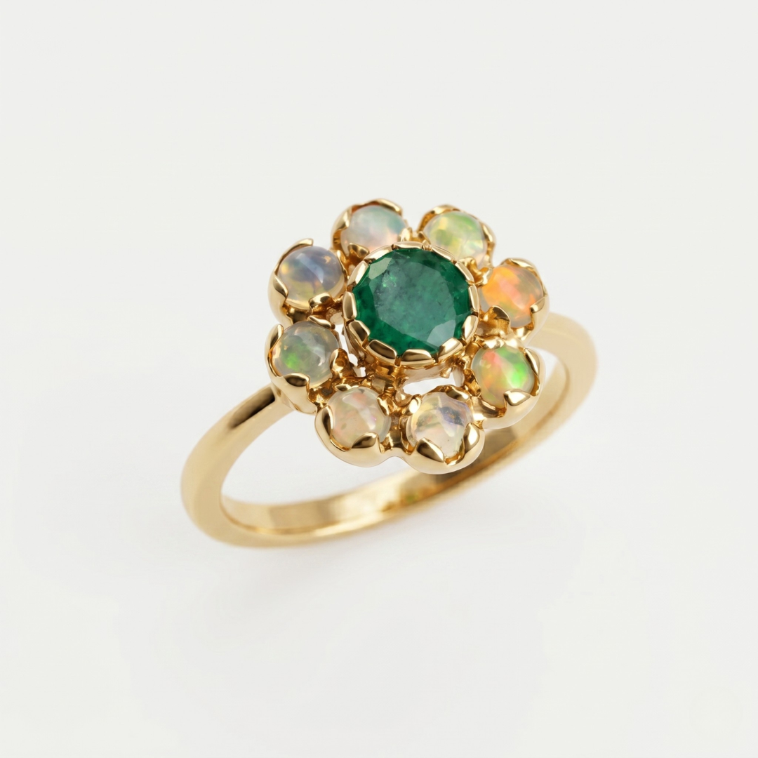 Natural Emerald Ring made in 18k Gold Vermeil with Round Natural Green Emerald in Cluster setting, May Birthstone gift idea, symbolizes growth, harmony, and deep emotional healing, ideal for everyday wear and perfect for birthday gifting and special occasions.