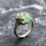 Prehnite Gold Ring - Leaf Ring, Natural Prehnite Ring, Round Prehnite Gold Ring