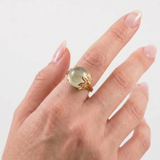 Prehnite Gold Ring - Leaf Ring, Natural Prehnite Ring, Round Prehnite Gold Ring