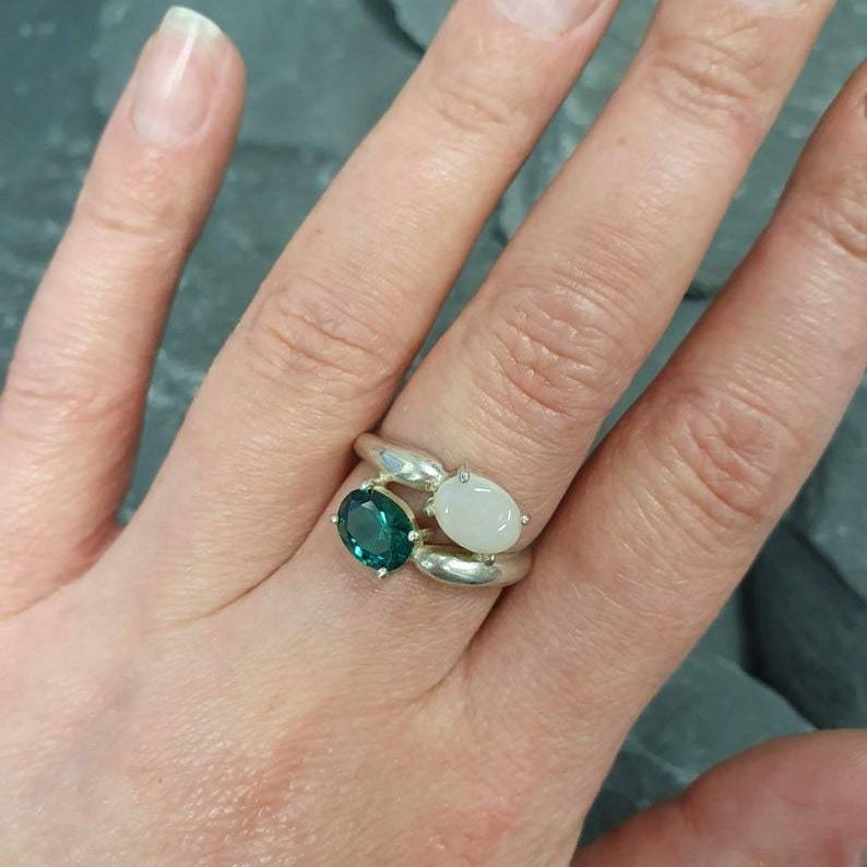 Opal Ring, Natural Opal, Vintage Rings, Australian Opal Ring, Emerald Ring, Created Emerald, October Birthstone, Solid Silver Ring, Opal(1)