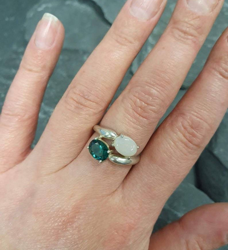 Opal Ring, Natural Opal, Vintage Rings, Australian Opal Ring, Emerald Ring, Created Emerald, October Birthstone, Solid Silver Ring, Opal(1)