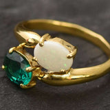 Real Opal and Emerald Ring - Two Stone Bypass Ring - Australian Opal Emerald Ring