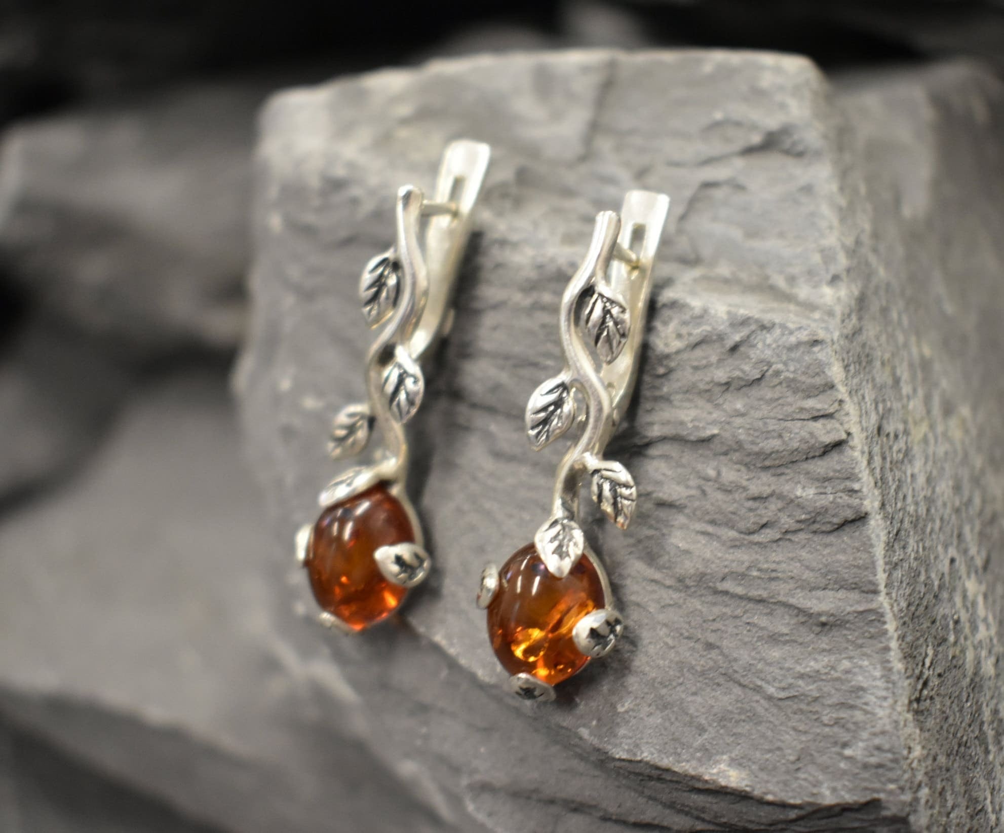 Branch Earrings, Natural Amber, Floral Leaf Earrings, Vintage Earrings, Amber Earrings, Long Earrings, Honey Gemstone, Solid Silver Earrings